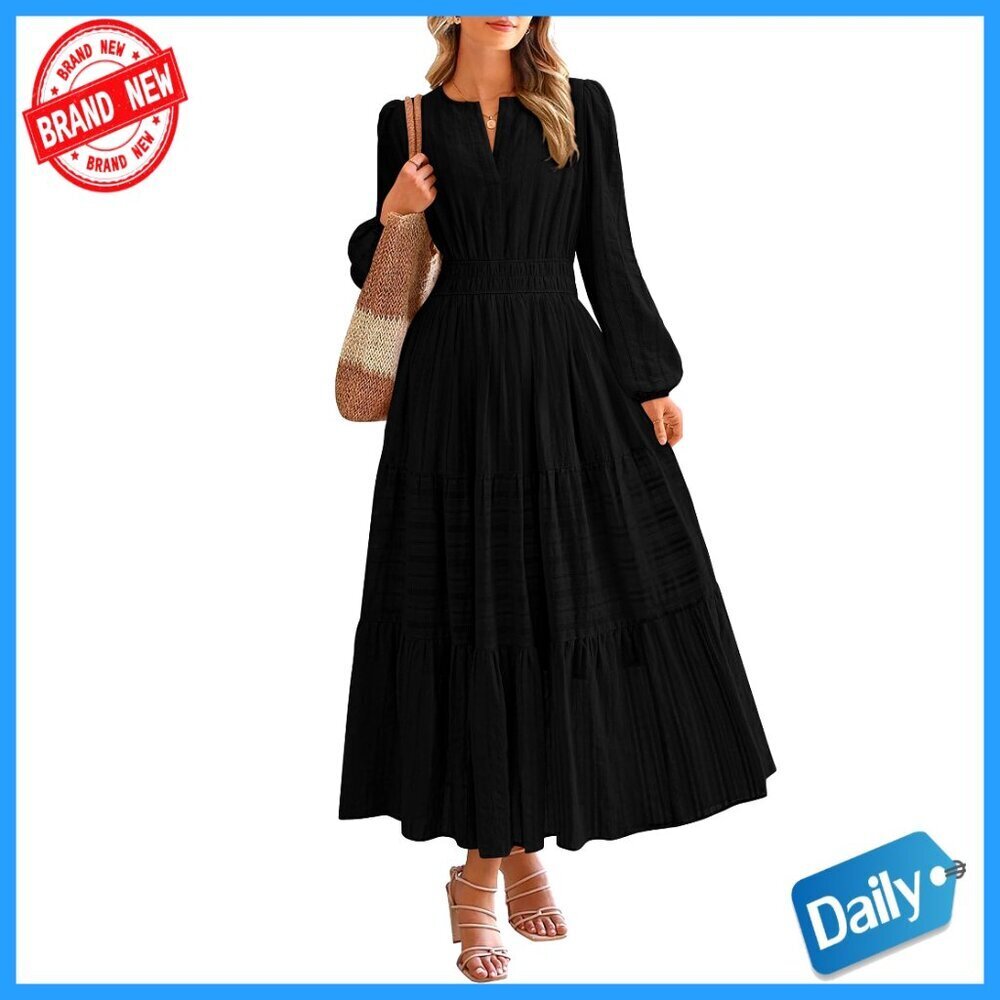 Long Sleeve Maxi Dress with Pockets, Elastic Waist, V-Neck, Lightweight